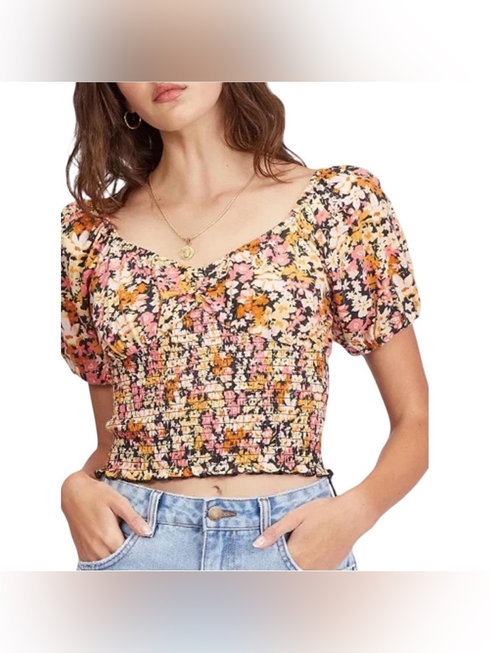 NWOT Billabong Floral Smocked Puff Sleeve Crop Top S